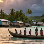 **Image Prompt:** A coastal village in Vanuatu, South Pacific, with houses partially submerged by rising sea levels. Show displacement; some villagers are evacuating with their belongings in small boats, while others stand distraught, watching their homes disappear into the ocean. Focus on the emotional impact of climate change on the community, sunset, dramatic lighting.