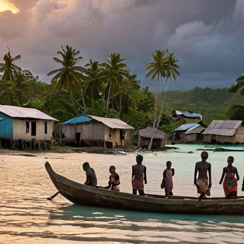 Home 11 **Image Prompt:** A coastal village in Vanuatu, South Pacific, with houses partially submerged by rising sea levels. Show displacement; some villagers are evacuating with their belongings in small boats, while others stand distraught, watching their homes disappear into the ocean. Focus on the emotional impact of climate change on the community, sunset, dramatic lighting.
