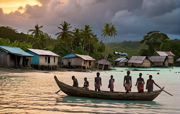 **Image Prompt:** A coastal village in Vanuatu, South Pacific, with houses partially submerged by rising sea levels. Show displacement; some villagers are evacuating with their belongings in small boats, while others stand distraught, watching their homes disappear into the ocean. Focus on the emotional impact of climate change on the community, sunset, dramatic lighting.