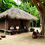 A group of diverse Vanuatu villagers, including men and women, respectfully gathered in a traditional village setting under the shade of a large Banyan tree. They are fully clothed in modest, natural fiber attire and simple sarongs, engaging in various communal activities such as weaving intricate baskets, gently carving wooden figures, and sharing stories. The scene showcases their deep connection to kastom and community life. The background features traditional huts made of local materials. Professional studio lighting, realistic photography, high resolution, perfect anatomy, correct proportions, natural pose, well-formed hands, proper finger count. Safe for work, appropriate content, family-friendly, professional dress.