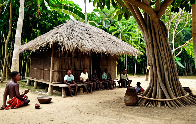 A group of diverse Vanuatu villagers, including men and women, respectfully gathered in a traditional village setting under the shade of a large Banyan tree. They are fully clothed in modest, natural fiber attire and simple sarongs, engaging in various communal activities such as weaving intricate baskets, gently carving wooden figures, and sharing stories. The scene showcases their deep connection to kastom and community life. The background features traditional huts made of local materials. Professional studio lighting, realistic photography, high resolution, perfect anatomy, correct proportions, natural pose, well-formed hands, proper finger count. Safe for work, appropriate content, family-friendly, professional dress.